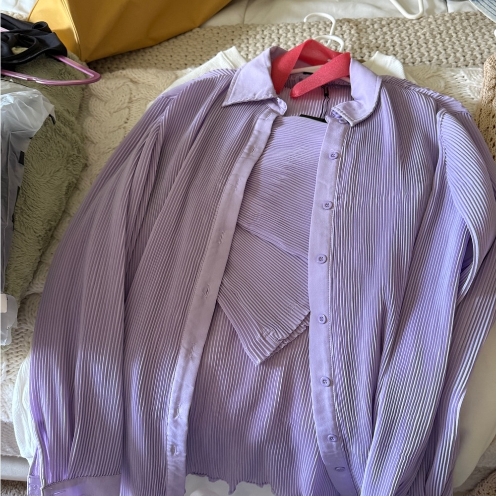 NWT Pretty Little Things Plisse Lavender Button Down Shirt & Short Set